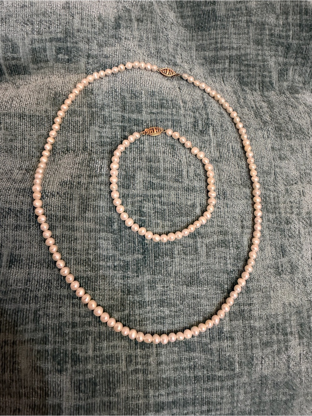 Vintage RTI 10K Gold Genuine Pearl Necklace 17.5 in Bracelet 7.5 in Set 17.13g